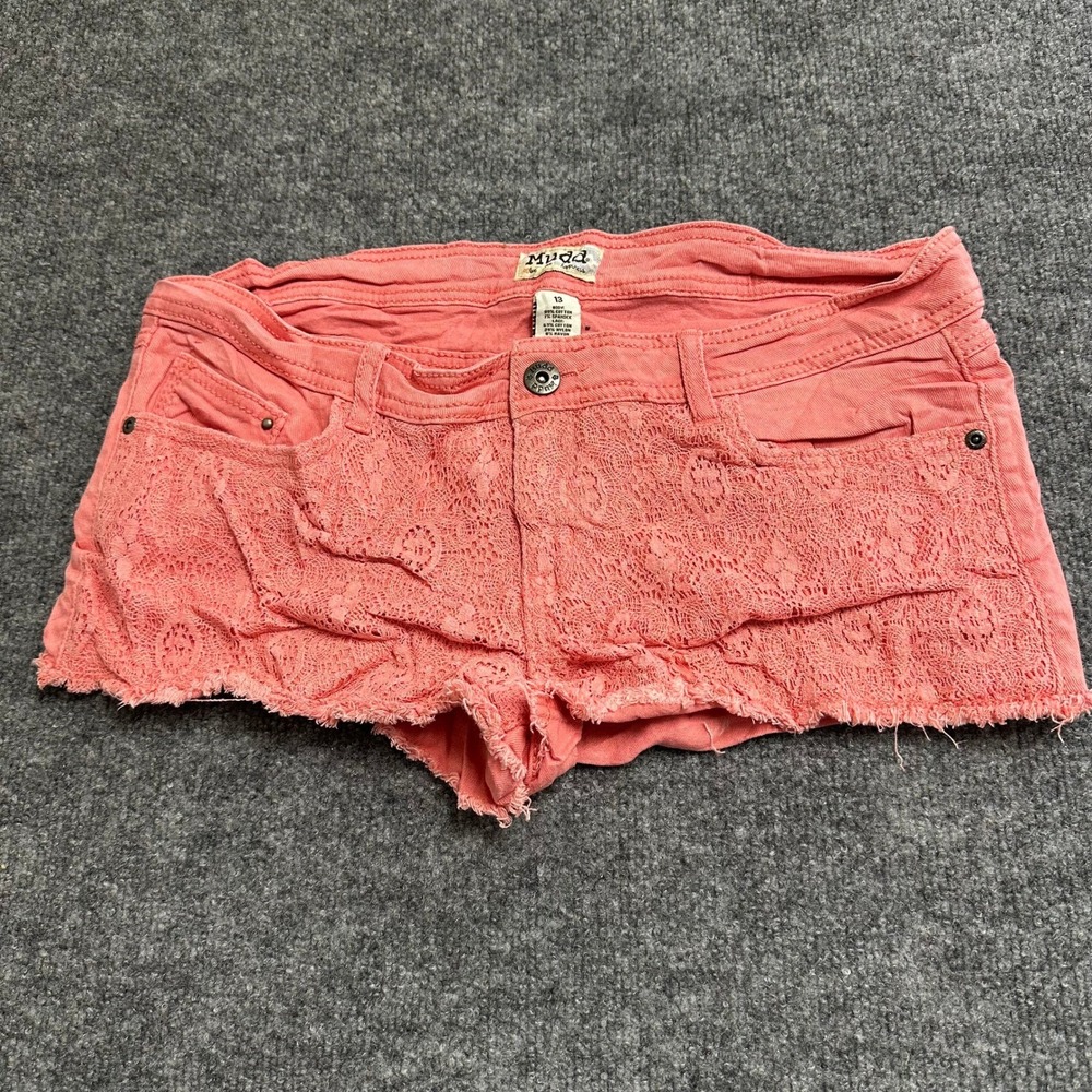 Mudd Shorts Womens Size 13 Pink Lace Overlay Raw Hem Low Rise Denim Festival